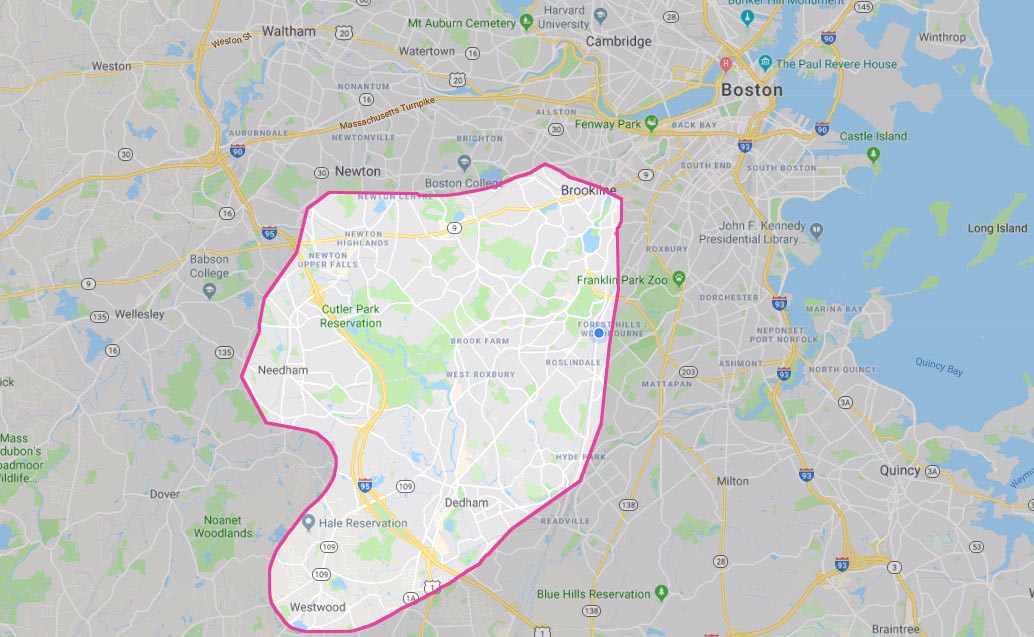 map of service areas for Boston area and surrounding towns